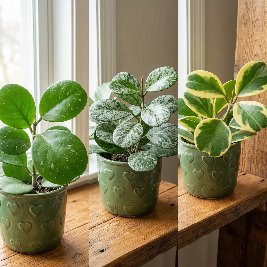 Three Hoya Obovata forms displayed side by side on a warm wooden shelf for comparison: on the left, the standard form with large rounded green leaves and moderate silver flecking, in the center the 'Splash' cultivar with dramatically heavy silver coverage across the same leaf shape, and on the right the 'Variegata' form with cream and green variegated large rounded leaves, each in a green ceramic pot with a heart motif, in soft natural sidelight
