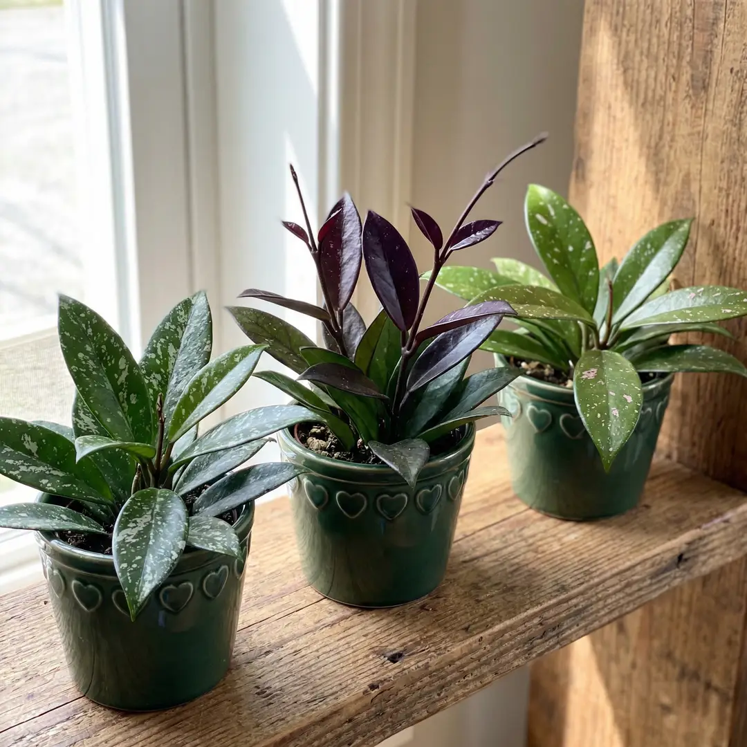Four Hoya Pubicalyx cultivars displayed side by side on a wooden shelf: 'Black Dragon' with very dark burgundy-black flowers, 'Pink Silver' with lighter pink flowers, a heavily splashed silver-leaf form, and a lightly splashed standard form, each in a green ceramic pot with a heart motif