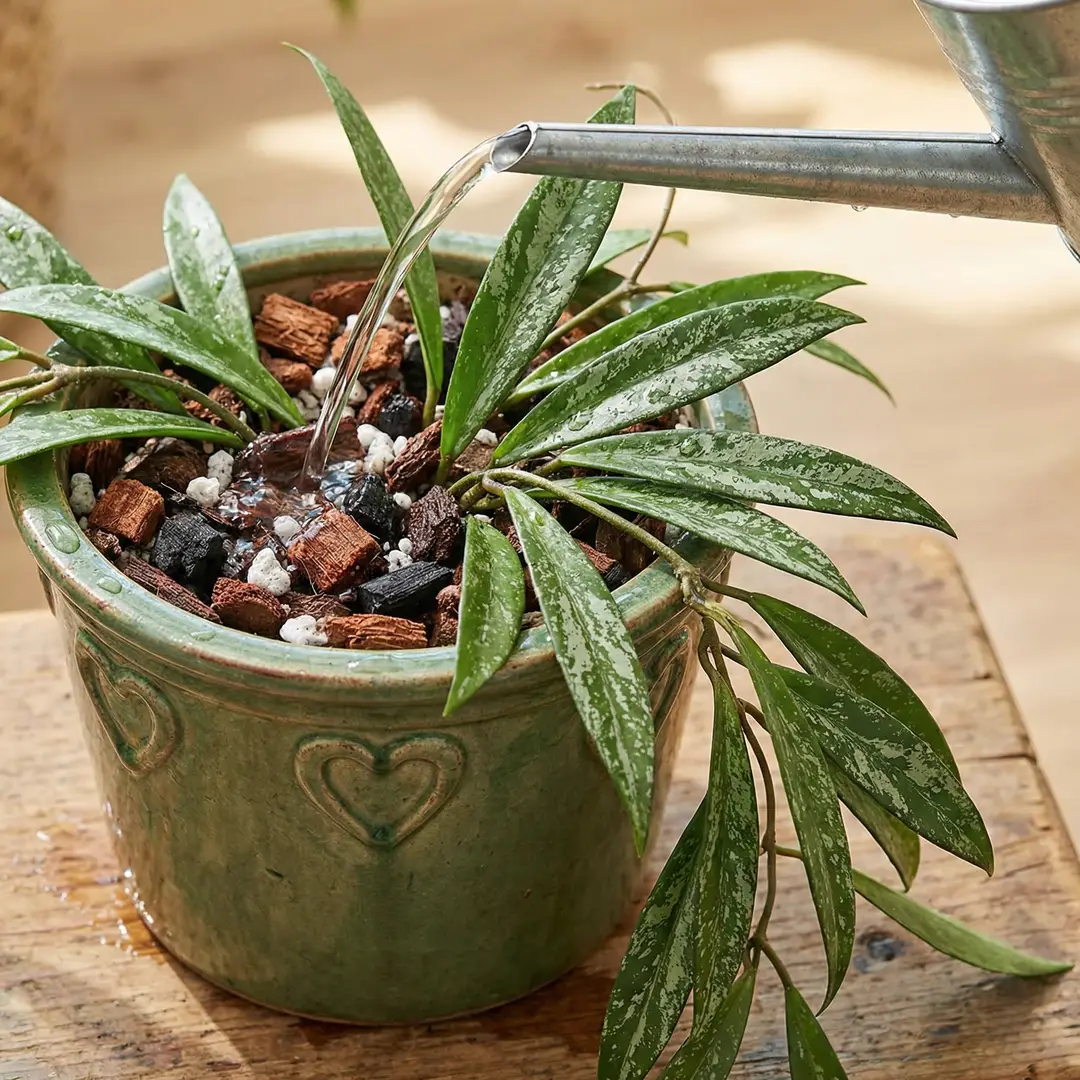 A Hoya Pubicalyx in a green ceramic pot with a heart motif being watered at soil level from a long-spouted watering can on a bright wooden surface