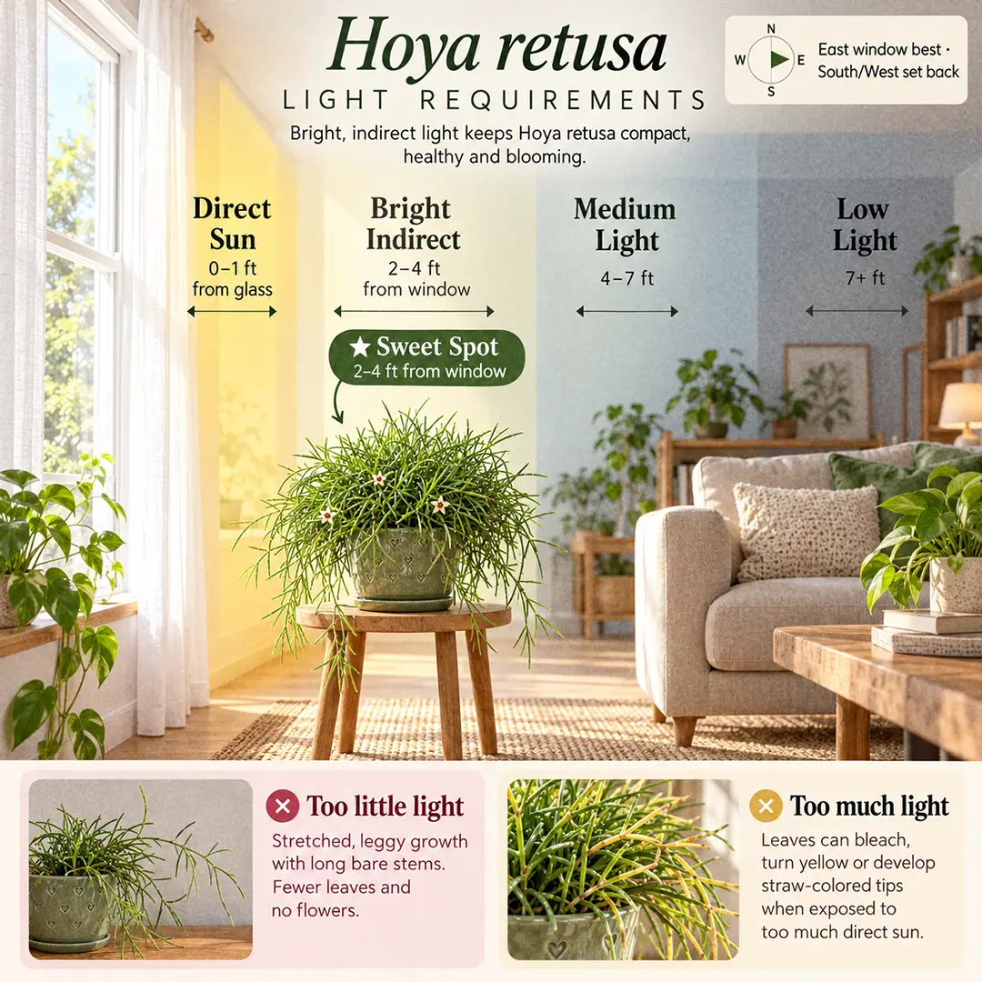 A labeled light guide diagram showing where to place a Hoya retusa indoors beside an east-facing window, with direct sun, bright indirect, medium and low light zones marked and the sweet spot two to four feet from the glass, plus small icons of a stretched plant for too little light and bleached leaf tips for too much