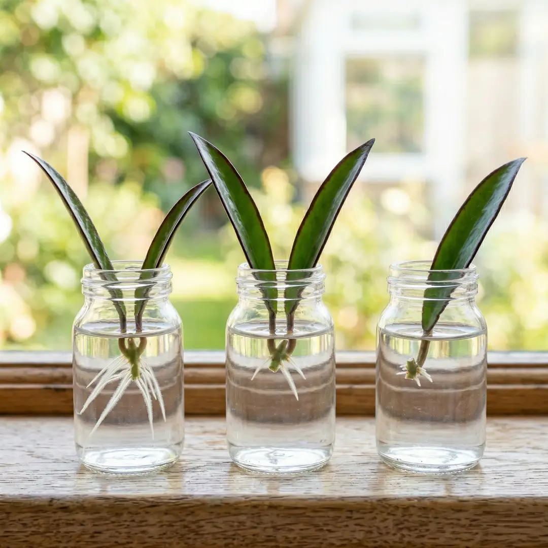Three Hoya Wayetii stem cuttings with narrow dark-margined leaves rooting in small clear glass jars of water on a bright windowsill, the most advanced cutting showing white roots 1-2 inches long extending from the submerged node, arranged on a light wooden surface in soft indirect light