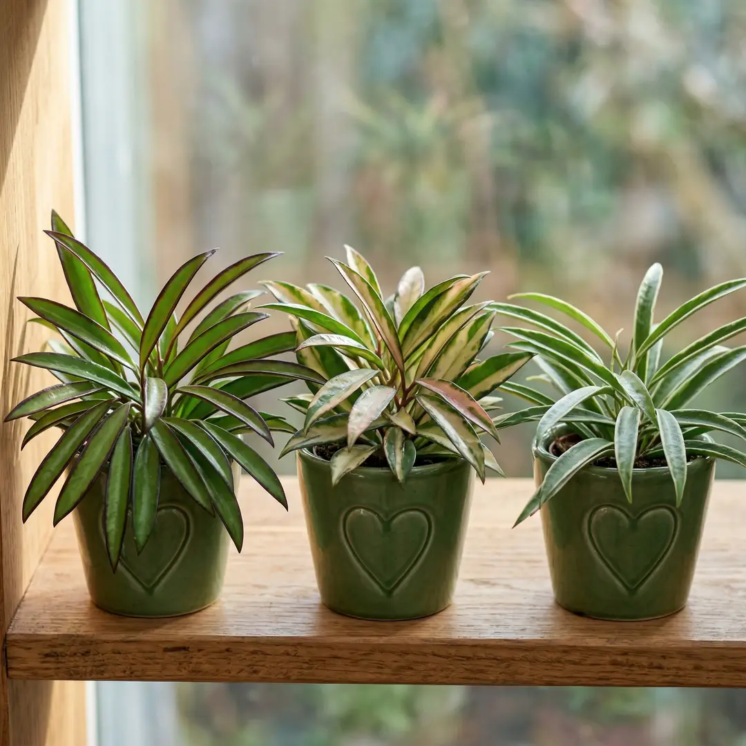 Three plants displayed side by side on a warm wooden shelf for comparison: on the left, standard Hoya Wayetii with vivid dark red-purple margins on narrow glossy green leaves, in the center the Hoya Wayetii 'Tricolor' variegated cultivar with cream and green leaves and pink margins, and on the right a Hoya Kentiana with similar narrow leaves but a lighter more diffuse margin, each in a green ceramic pot with a heart motif, in soft natural sidelight