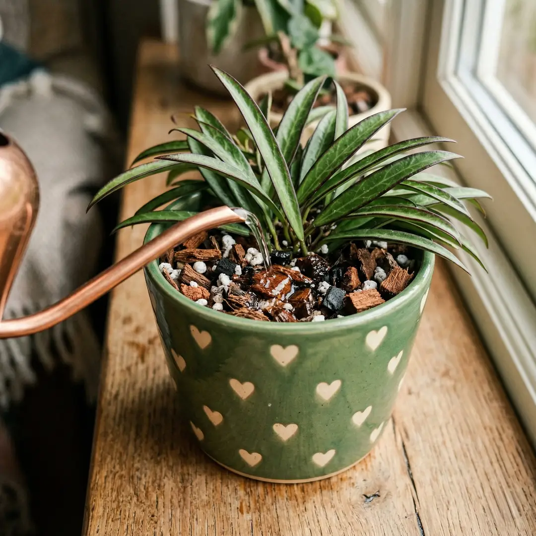 Hoya Wayetii in a green ceramic pot with heart motif being watered at soil level from a long-spouted watering can, showing chunky epiphytic potting mix visible at the surface, with several narrow dark-margined leaves visible above the pot rim on a warm wooden surface