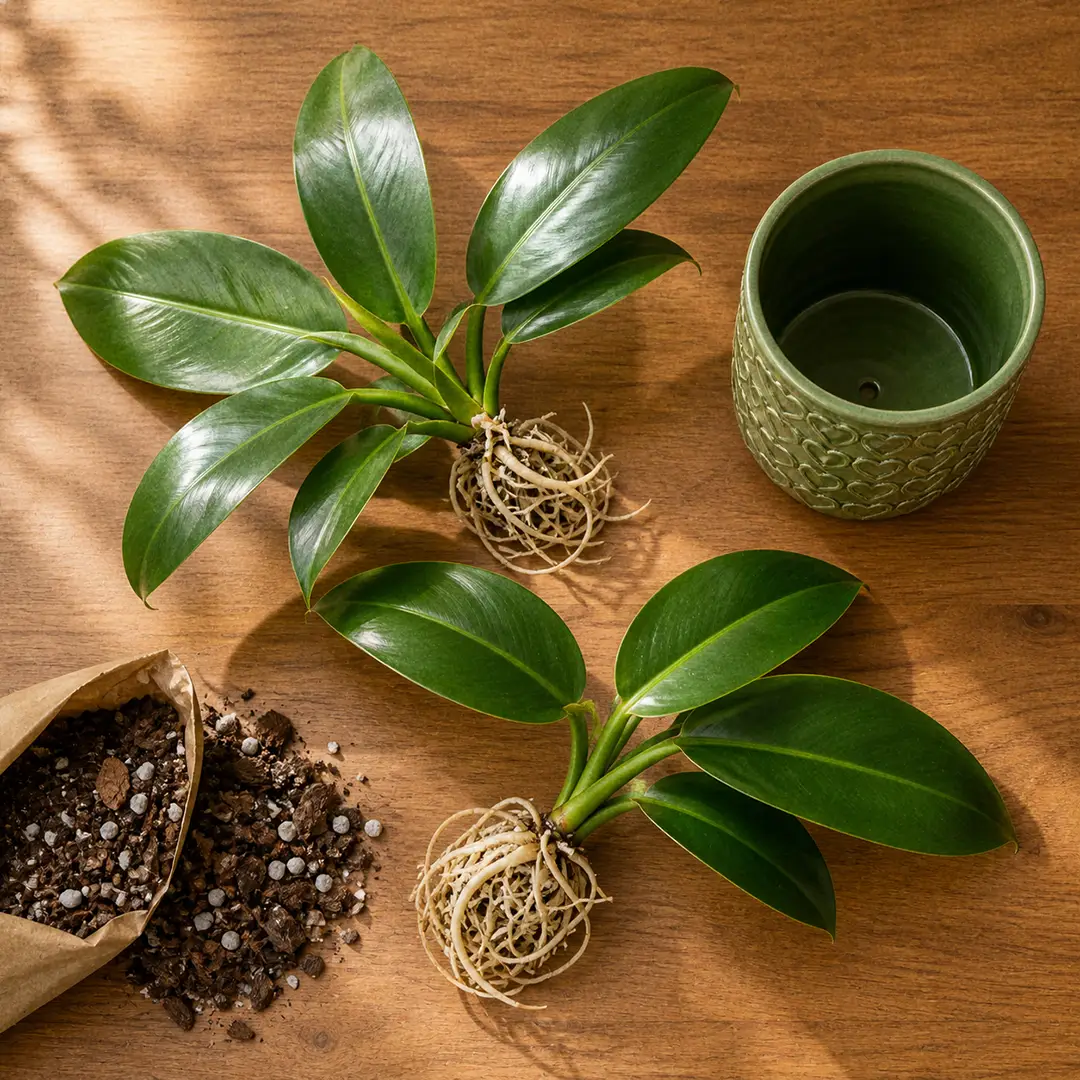 Top-down view of a divided Imperial Green Philodendron showing two healthy crowns with white roots laid on a wooden surface beside a green ceramic pot with a heart motif and a small bag of fresh chunky aroid mix