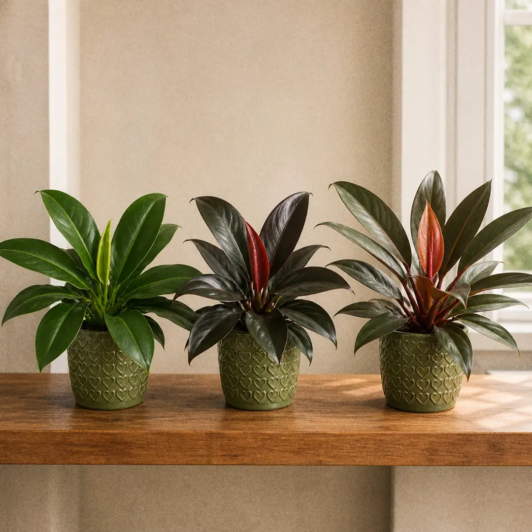 Three self-heading Philodendron varieties side by side on a wooden shelf in matching green ceramic pots with heart motifs: Imperial Green with deep glossy green leaves, Imperial Red with burgundy emerging leaves, and Rojo Congo with red petioles and dark olive leaves