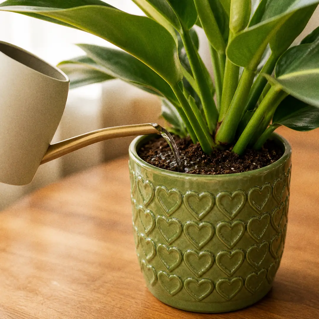 A close-up of a slender-spouted watering can pouring a gentle stream at the soil line of a glossy Imperial Green Philodendron in a green ceramic pot with a heart motif, droplets visible on the soil surface