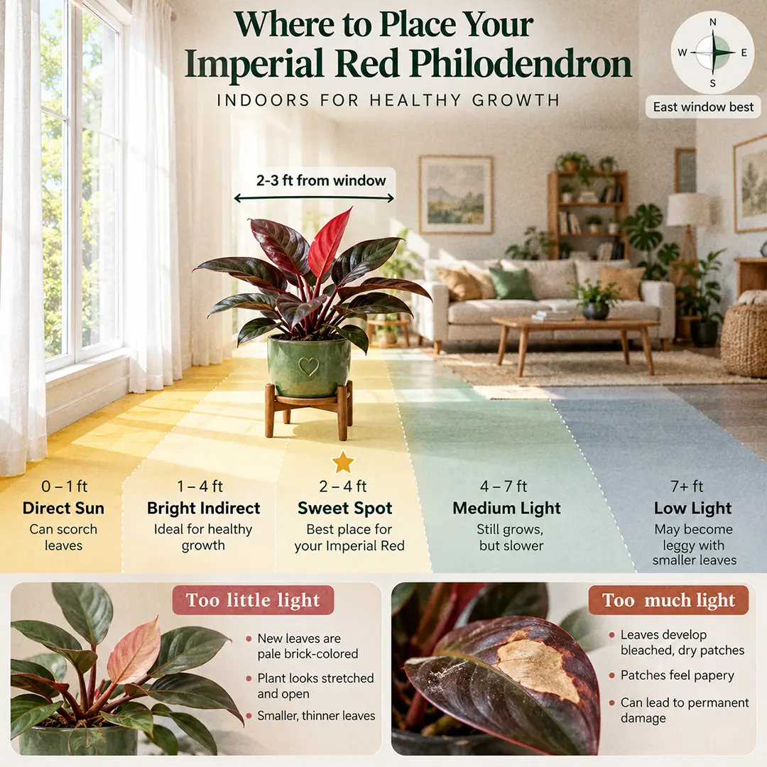 A labelled light-zone diagram showing an Imperial Red Philodendron placed two to four feet from an east-facing window in a warm modern living room, with direct sun, bright indirect, medium and low light zones marked on the floor