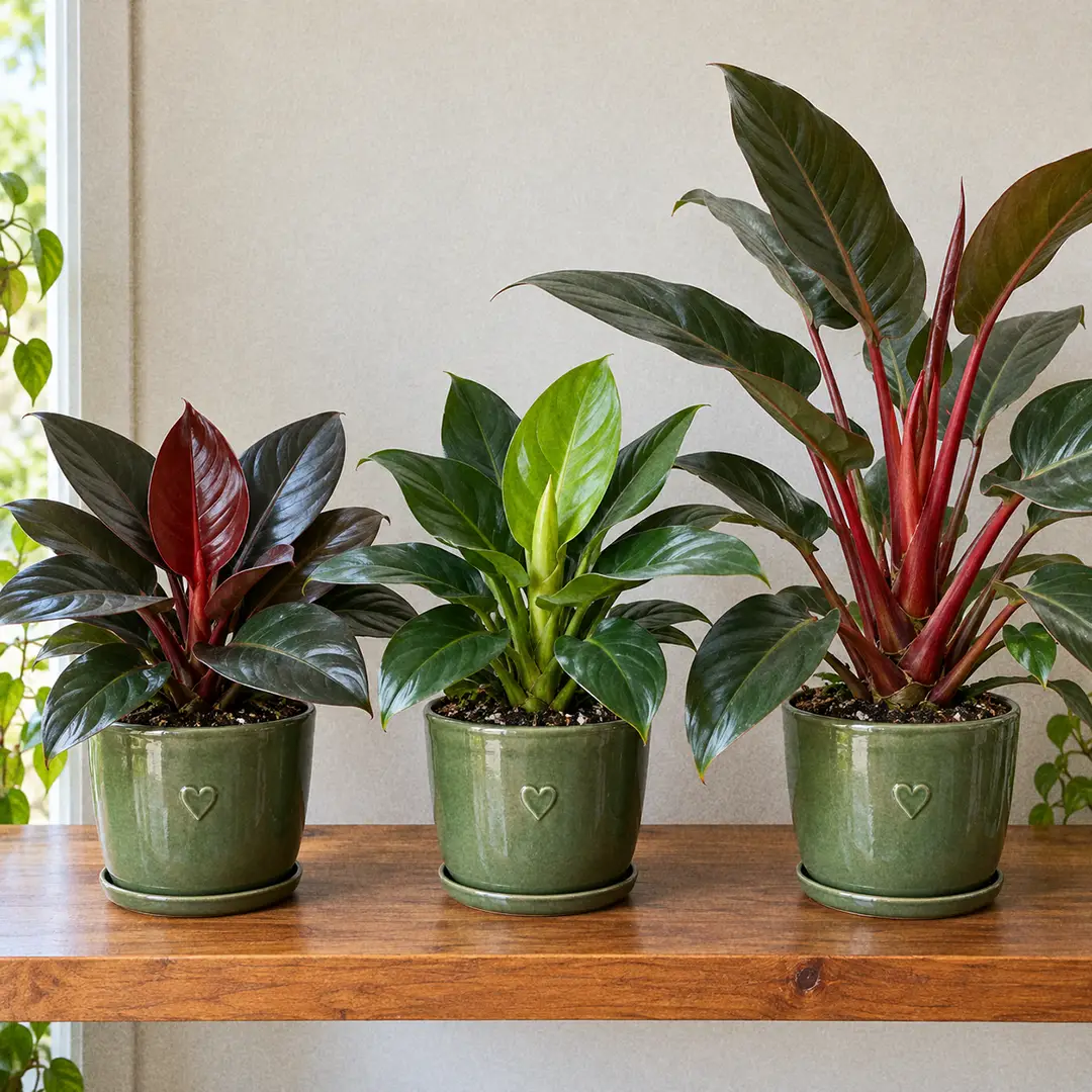 Three self-heading Philodendron varieties side by side on a wooden shelf in matching green ceramic pots with heart motifs: Imperial Red with a burgundy new leaf, Imperial Green with deep glossy green foliage, and Rojo Congo with bright red petioles