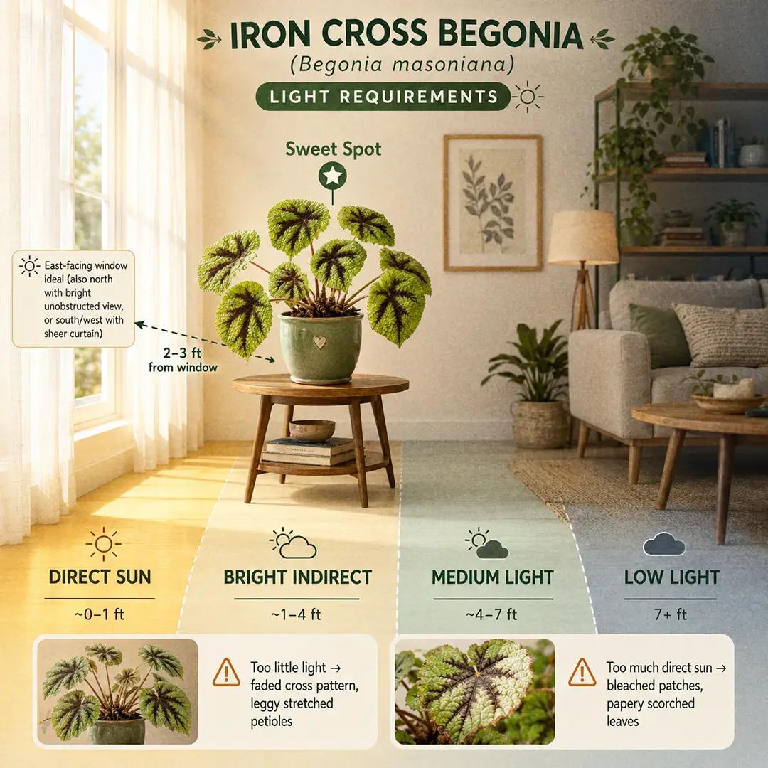 A labeled light-zone diagram showing an Iron Cross Begonia in its bright-indirect sweet spot two to three feet from an east-facing window in a warm modern living room with sweet-spot, too-dark, and too-bright zones marked