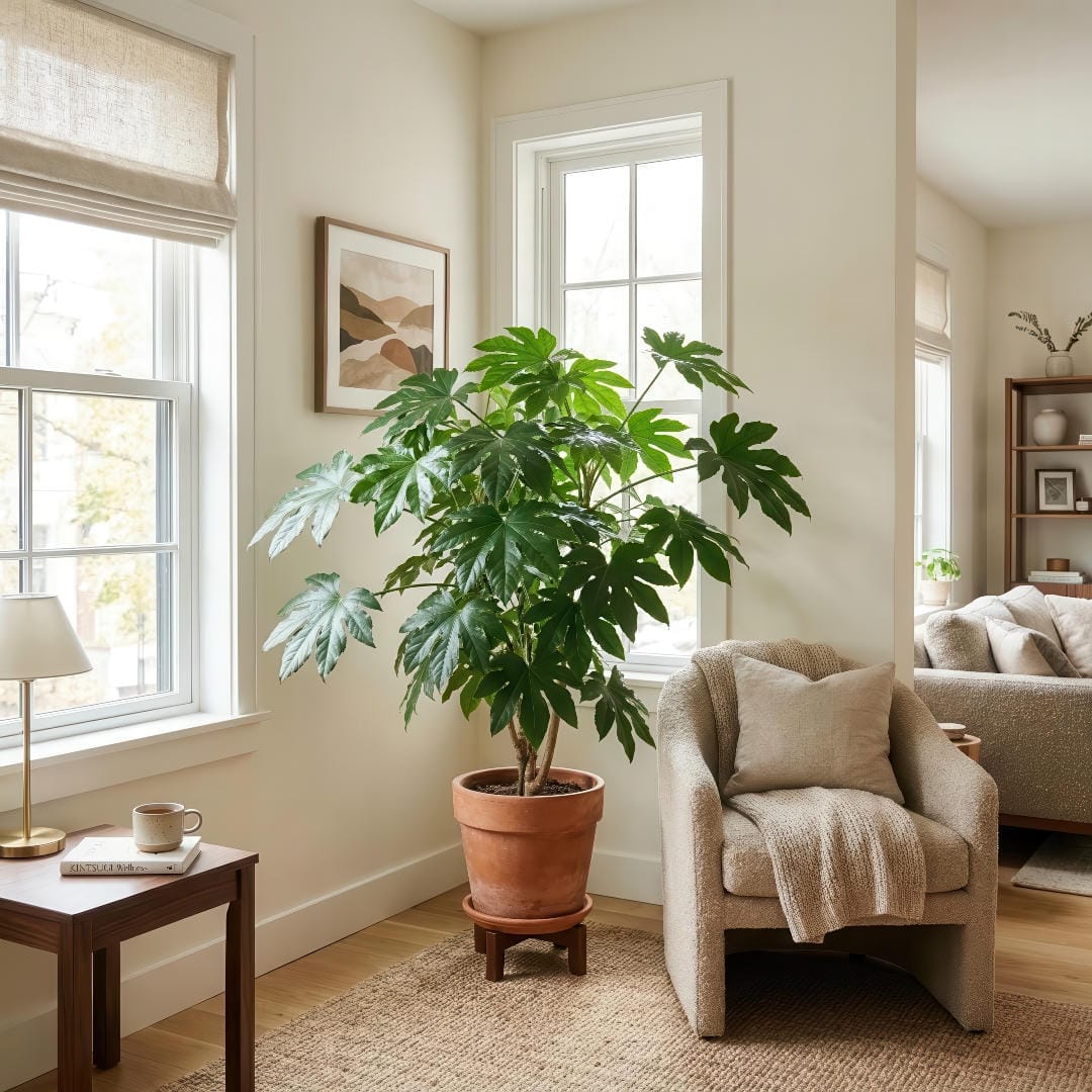 A full Japanese Aralia used as a statement indoor floor plant in a bright corner, paired with a simple ceramic pot and warm natural textures.