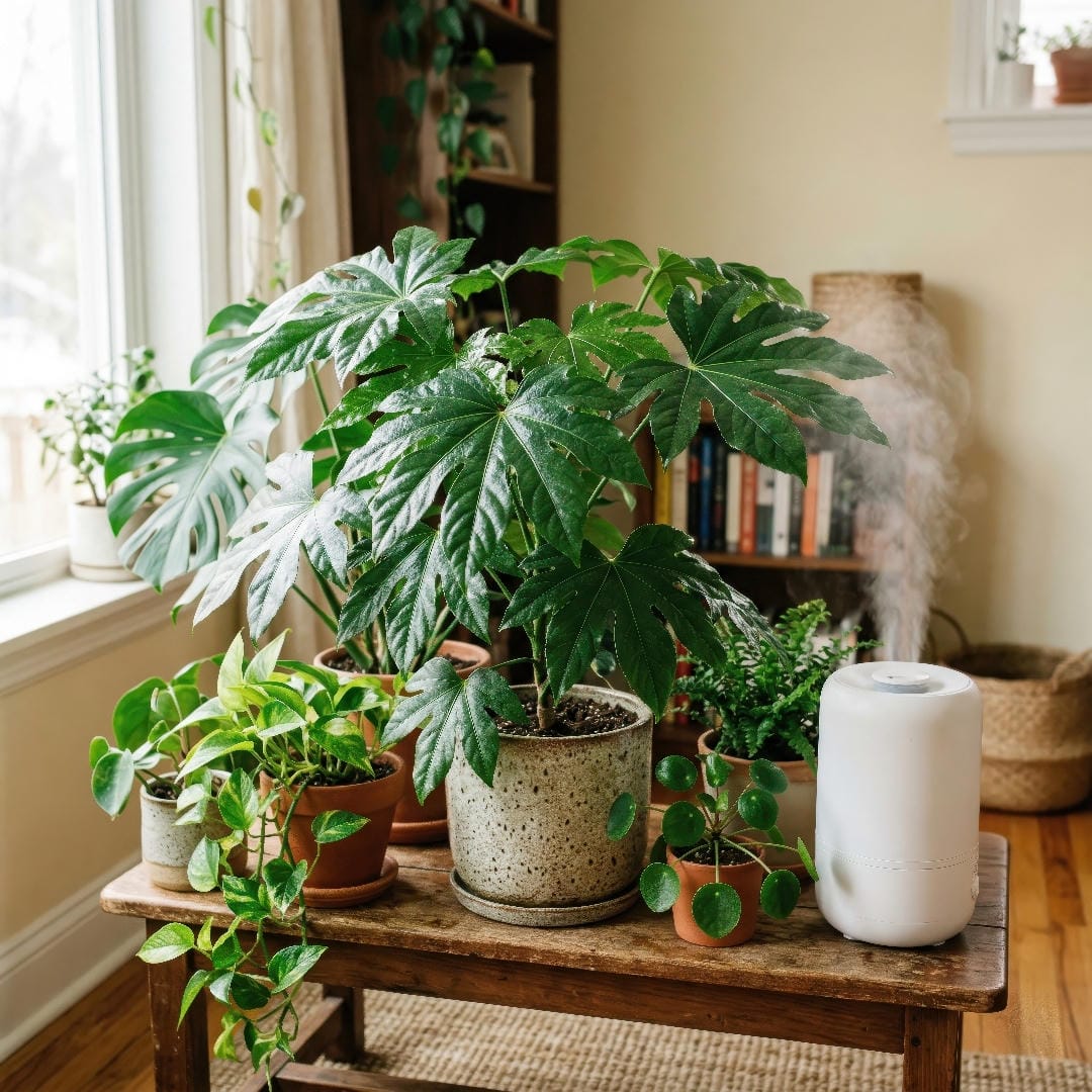 A Japanese Aralia grouped with other houseplants near a humidifier, showing broad glossy leaves in soft indoor light.