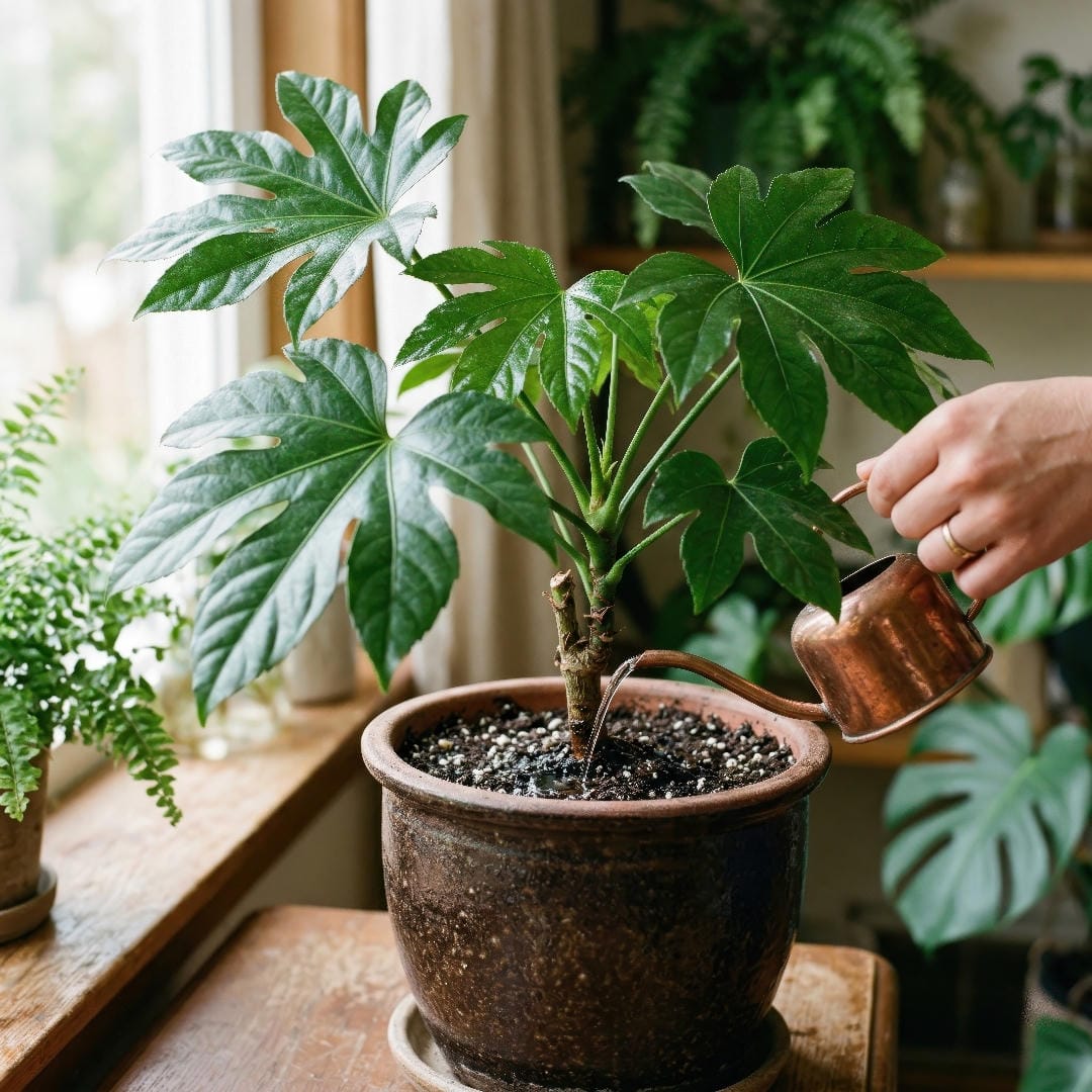 A Japanese Aralia being watered carefully at the soil line in a ceramic pot, with no standing water in the saucer and healthy glossy leaves above.