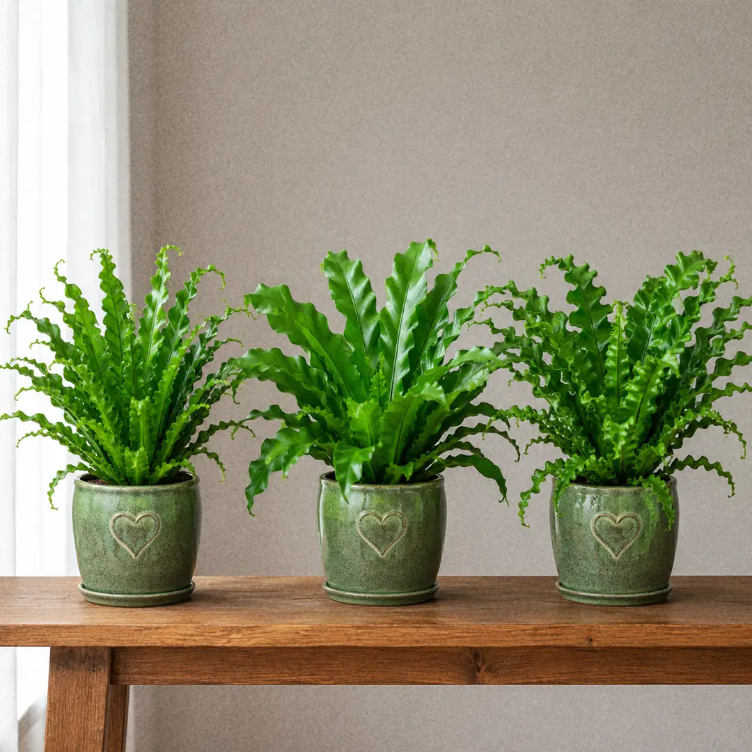 Three Japanese Bird's Nest Fern varieties side by side on a wooden shelf in matching green ceramic pots with heart motifs, showing narrow wavy-edged Osaka, broad-based Victoria, and deeply ruffled Crispy Wave