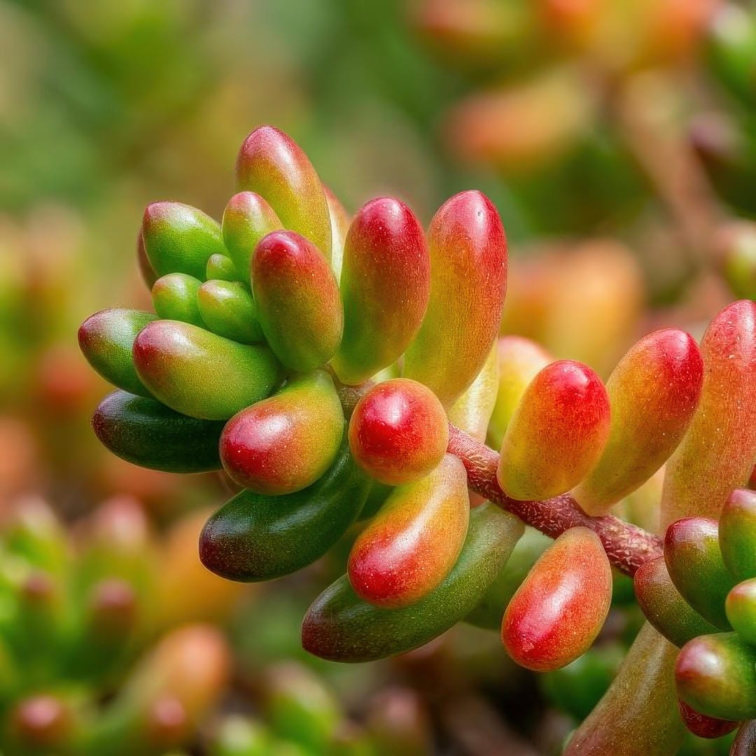 Extreme macro close-up of Jelly Bean Plant leaves showing the gradual color transition from deep green at the base through yellow-orange to vivid red at the tips.