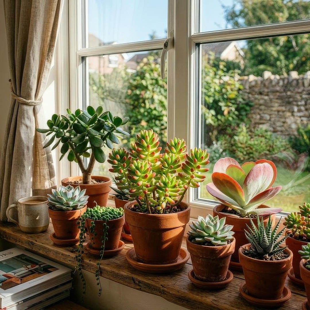 A collection of colorful succulents including a Jelly Bean Plant arranged on a bright, sunny windowsill in matching terracotta pots.
