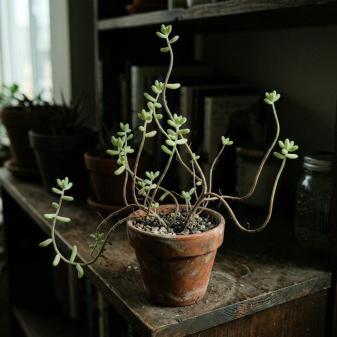 An etiolated Jelly Bean Plant showing stretched stems with wide gaps between small pale green leaves from growing in low light conditions.