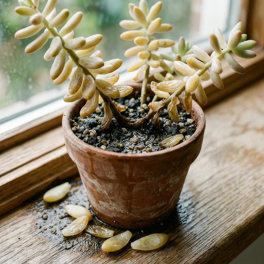 An overwatered Jelly Bean Plant showing translucent, mushy, yellowing leaves and softening stems near the soil line.