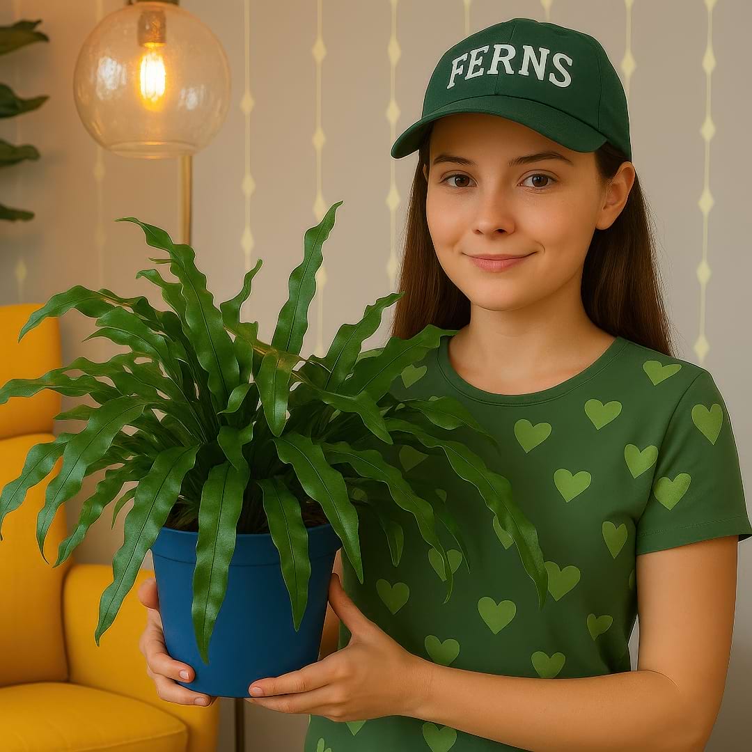 A person smiling and holding a lush Kangaroo Fern in a blue pot.