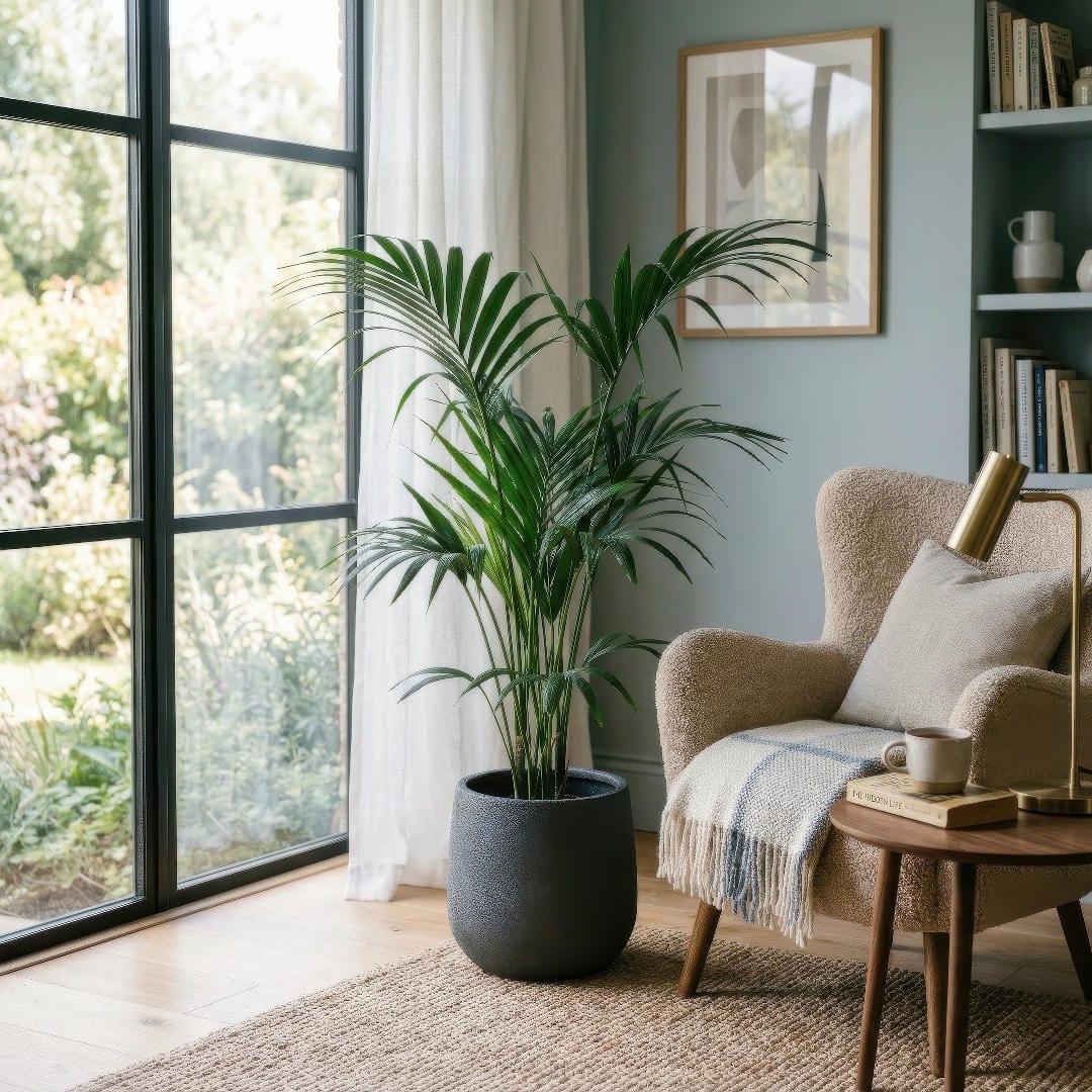A square interior scene with a tall Kentia Palm in a matte floor planter beside a reading chair and soft natural light.