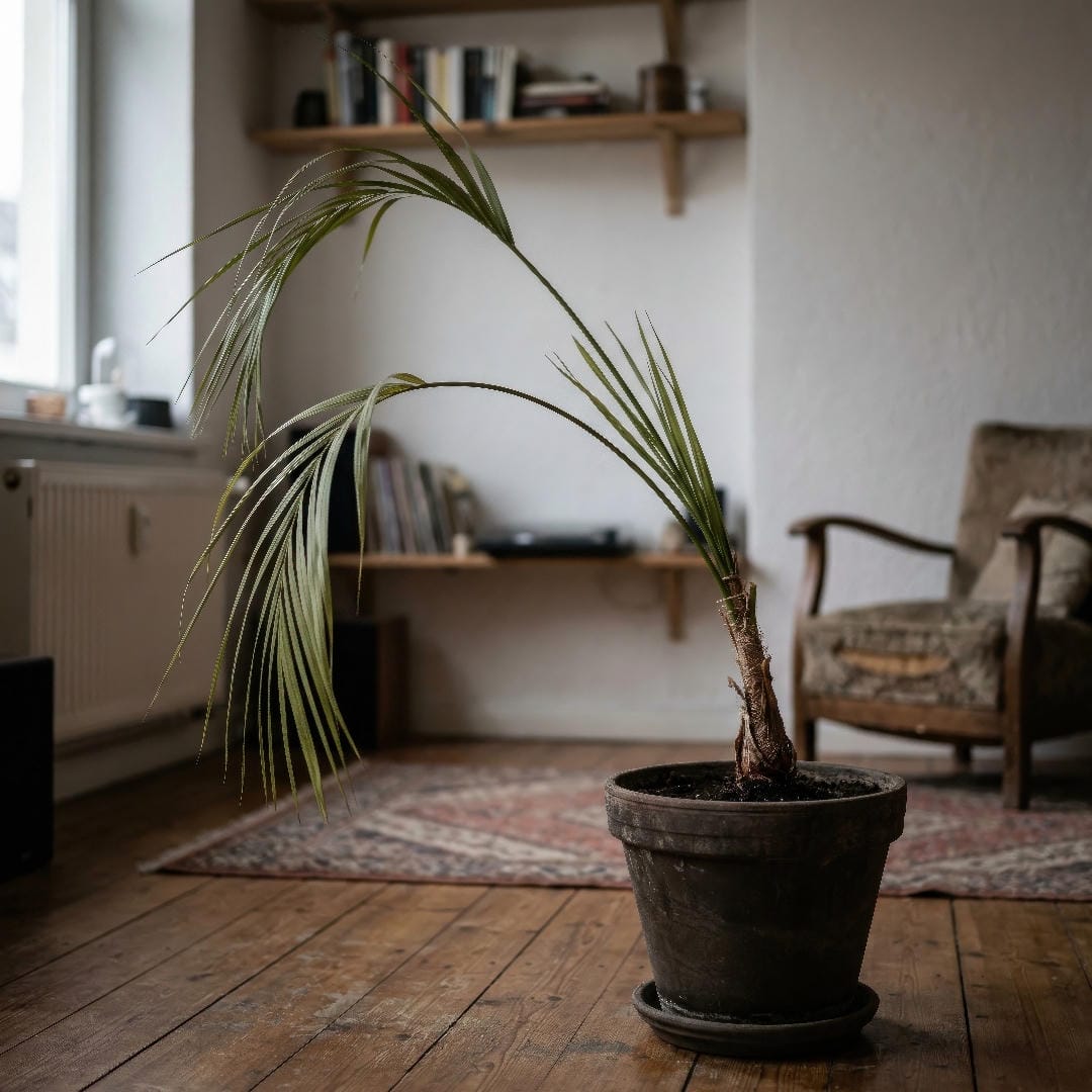A square diagnostic image of a Kentia Palm in dim indoor light, showing stretched fronds, a leaning crown, and weaker growth on one side.