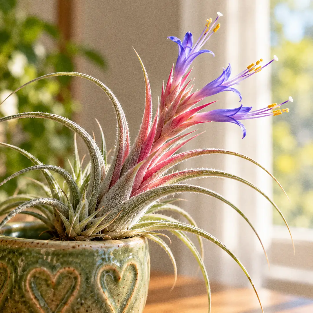 A close-up of a Kolbii Air Plant about to bloom, the inner leaves blushed deep pink and red, with a short stalk rising from the center carrying pink bracts and several blue-violet tubular flowers with long protruding stamens