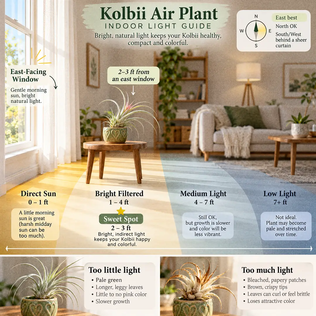 A labeled light guide diagram showing where to place a Kolbii Air Plant indoors next to an east-facing window, with direct sun, bright filtered, medium and low light zones marked, the sweet spot two to three feet from the glass behind a sheer curtain, and small thumbnails of a dull green rosette in low light and a sun-bleached one in harsh sun