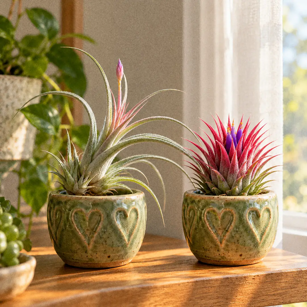 A Kolbii Air Plant and an Ionantha Air Plant side by side on a wooden shelf, each in a matching green ceramic pot with a heart motif, the Kolbii with longer, thinner, arching grey-green leaves and a pink center, the Ionantha shorter, stiffer and more compact with a scarlet blush