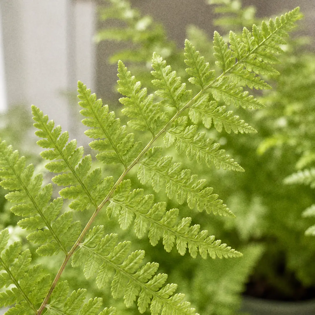 A macro close-up showing the delicate, finely-divided light-green fronds of a Lady Fern with sharp focus on the lace-like pinnae and the slender stem, soft window light catching the surface texture