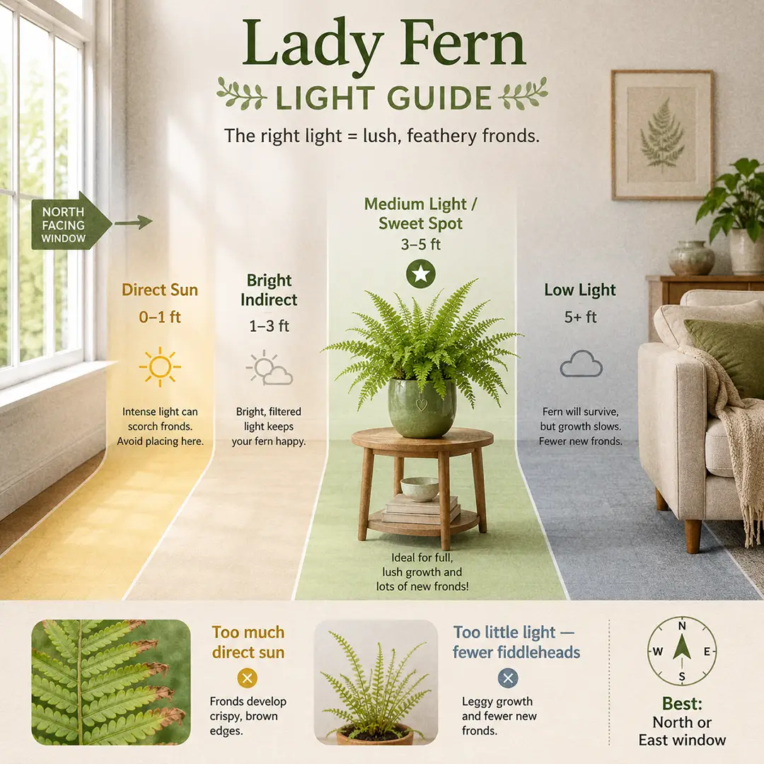 A clean, pinnable infographic-style light guide diagram showing a side-on cross-section of a living room with a north-facing window on the left, labeled light zones from "Direct Sun" through "Bright Indirect" to "Low Light," with a Lady Fern in a green ceramic pot with a heart motif placed in the "Sweet Spot" zone about 3 feet from the window