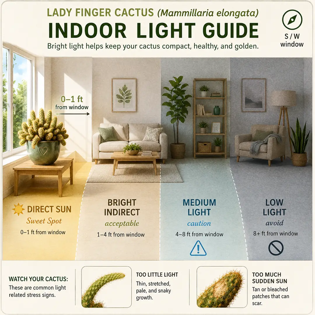A labeled square light-zone diagram showing a Lady Finger Cactus placed in the sweet spot one foot from a south-facing window, with direct sun, bright indirect, medium, and low light zones color-washed, and small icons warning about stretched pale fingers in low light and scorch patches in sudden midsummer sun