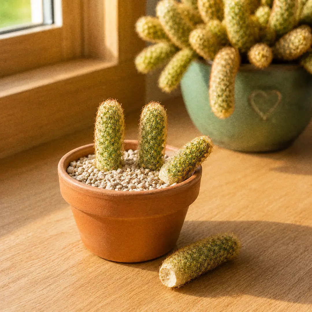 A propagation scene on a warm wooden surface: three callused Lady Finger Cactus finger cuttings standing upright in a small pot of dry pale grit beside the mature parent clump in a green ceramic pot with a heart motif, one cutting tipped on its side showing the dried callused base