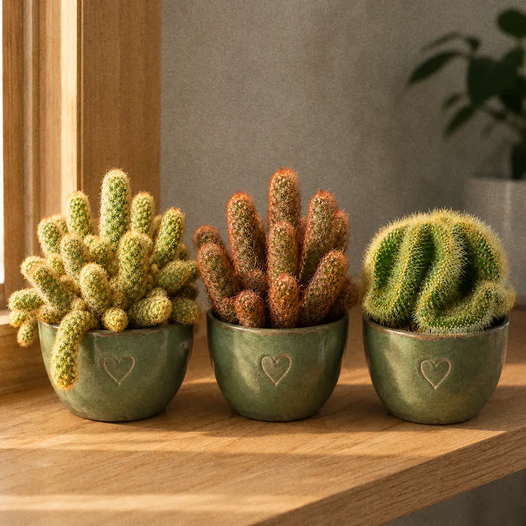 Three forms of Lady Finger Cactus side by side on a wooden shelf, each in a matching green ceramic pot with a heart motif: classic golden-spined Golden Stars on the left, copper-red spined Copper King in the middle, and a crested brain-like Cristata form with wavy folded growth on the right