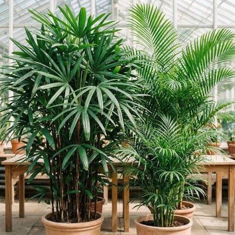 Comparison of Lady Palm with other indoor palms, showing its broad fan leaves and tidy upright shape next to feathery palm types.