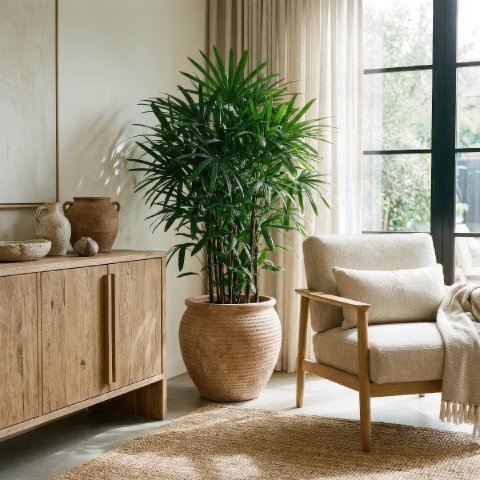 A styled interior corner with a Lady Palm in a textured planter beside a chair and natural wood furniture.