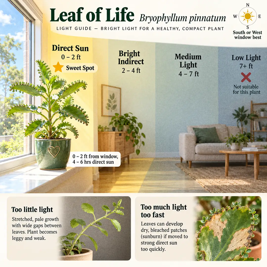 A labelled light-zone diagram showing a Leaf of Life plant placed on a south-facing windowsill with direct sun, bright indirect, medium and low light zones marked across the floor and the sweet spot flagged