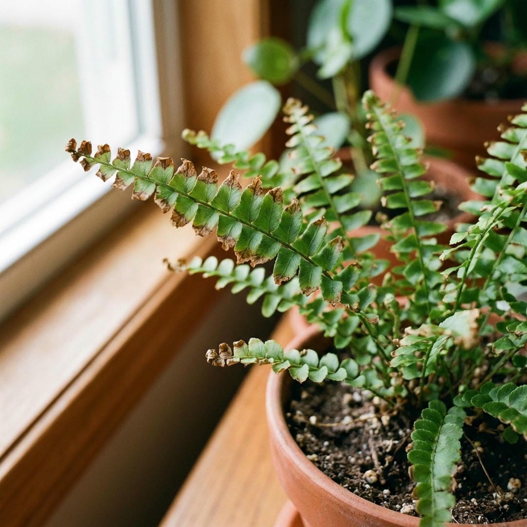 Lemon button fern showing symptoms of low humidity with brown crispy leaf edges.