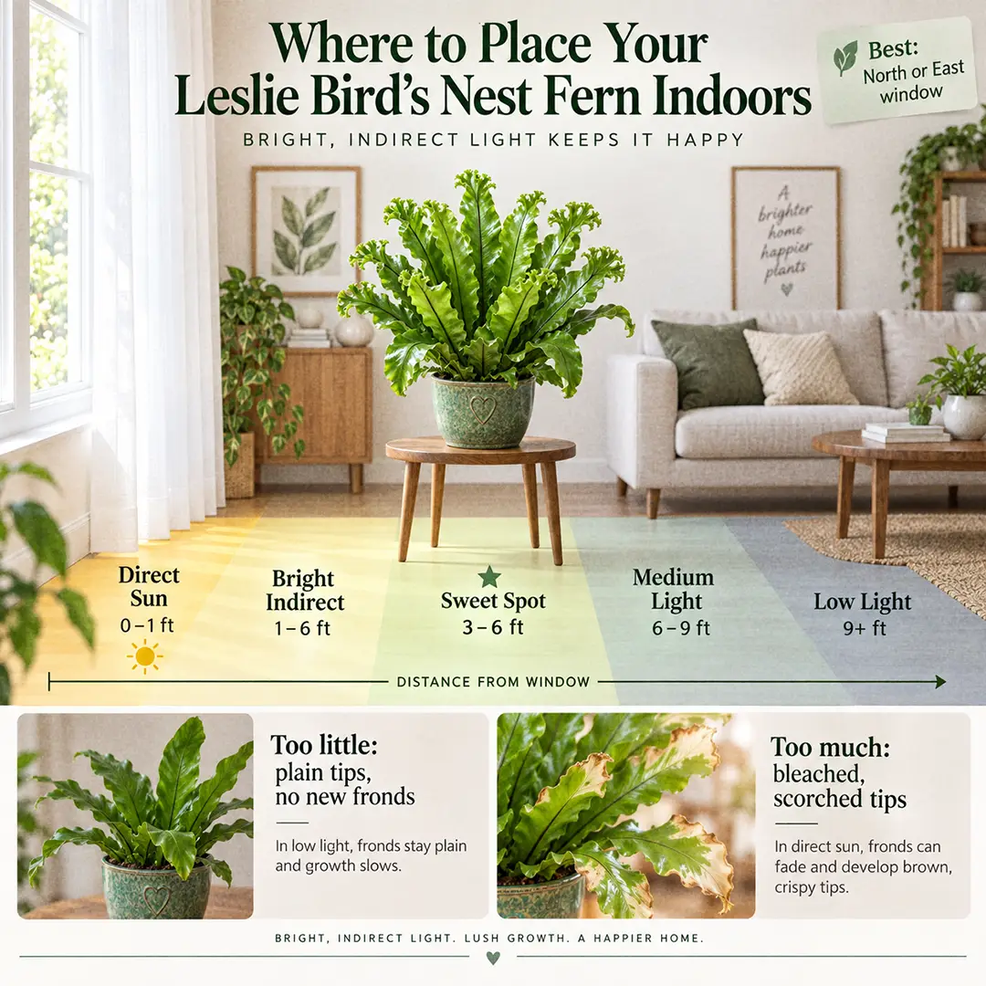 A labeled light guide diagram showing where to place a Leslie Bird's Nest Fern indoors, with direct sun, bright indirect, medium and low light zones marked from an east or north window and the sweet spot marked three to six feet back from the glass