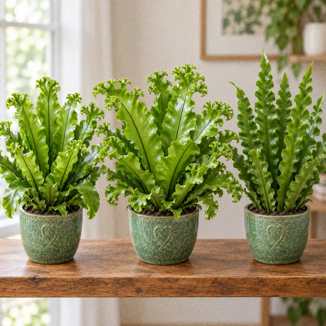 Three crested and wavy bird's nest ferns side by side on a wooden shelf in matching green ceramic pots with heart motifs: compact Leslie with forked crested tips, larger open Crissie with heavily divided frond ends, and Crispy Wave with fronds ruffled along their whole length