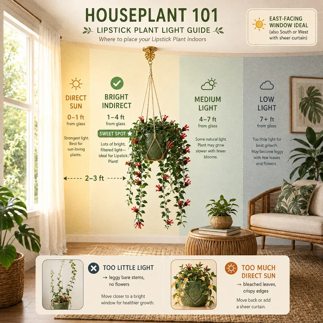 A clean side-on light-zone diagram of a bright living room with a Lipstick Plant in a green ceramic pot with a heart motif hanging in the sweet-spot zone two to three feet from an east- or curtained south-facing window, with color-washed direct-sun, bright-indirect, medium, and low-light zones labeled and a small note about ideal window direction