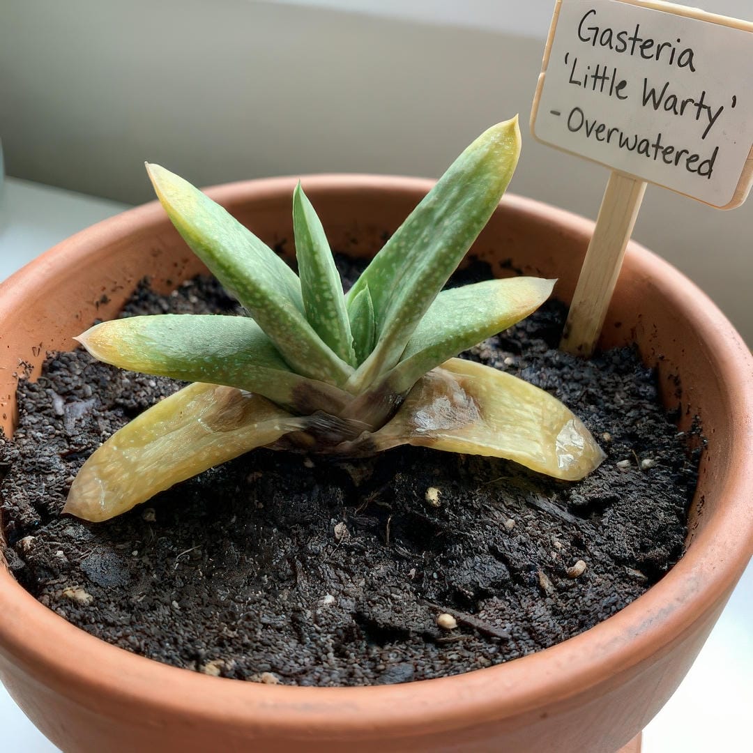 Close up of Gasteria Little Warty showing mushy yellowed leaves caused by overwatering