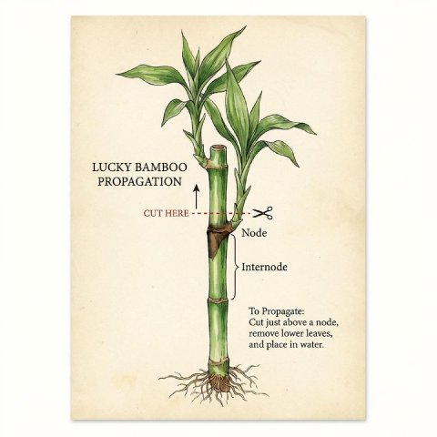 Diagram showing where to cut Lucky Bamboo for propagation at the node