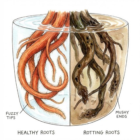 Comparison of healthy orange roots vs black rotting roots