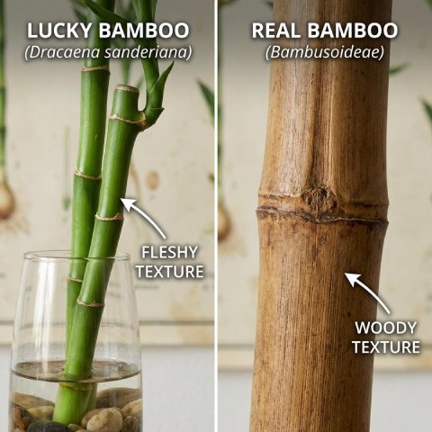 Lucky Bamboo vs Real Bamboo comparison showing stem texture
