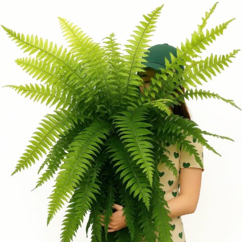 A person holding a large, vibrant Macho Fern against a white background.