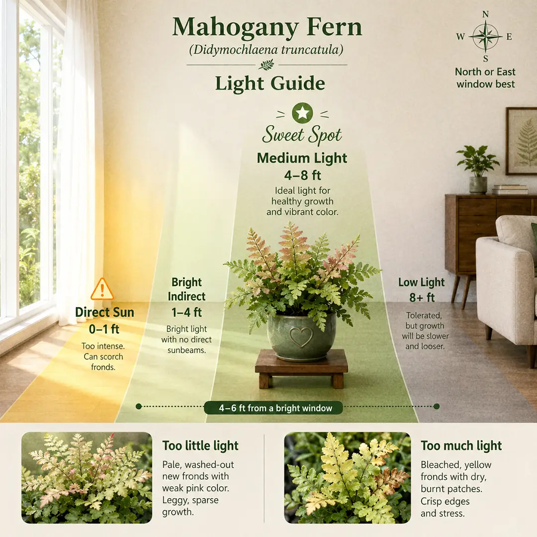 A labeled light guide diagram showing where to place a Mahogany Fern indoors relative to a window, with direct sun, bright indirect, medium and low light zones marked and the fern positioned in its sweet spot