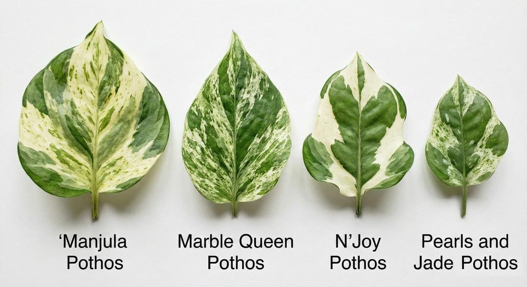 Side-by-side comparison of Manjula, Marble Queen, N'Joy, and Pearls and Jade Pothos leaves