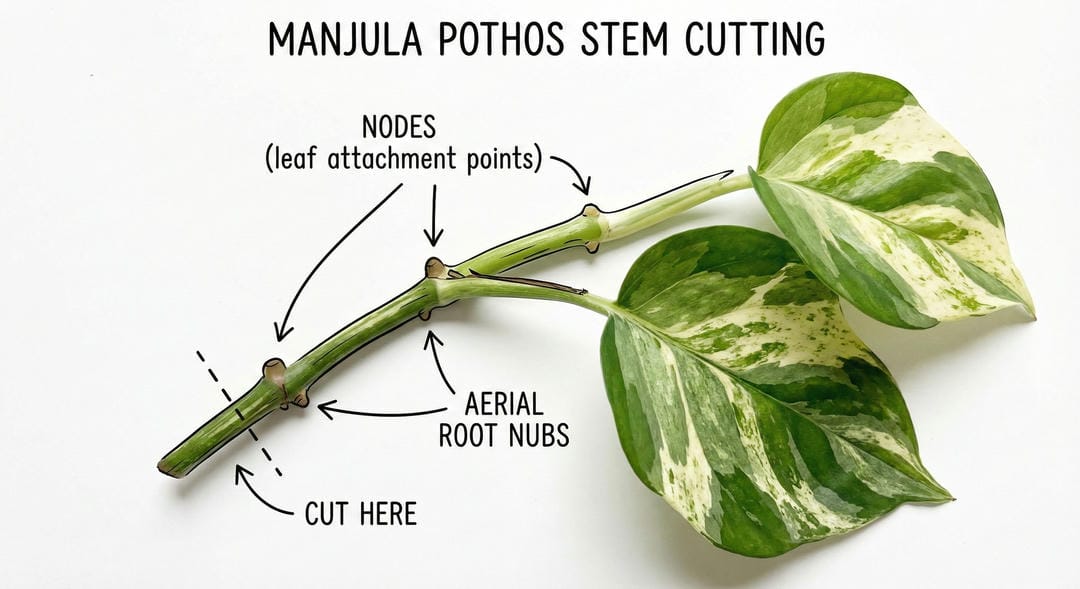 Manjula Pothos stem cutting showing nodes for propagation