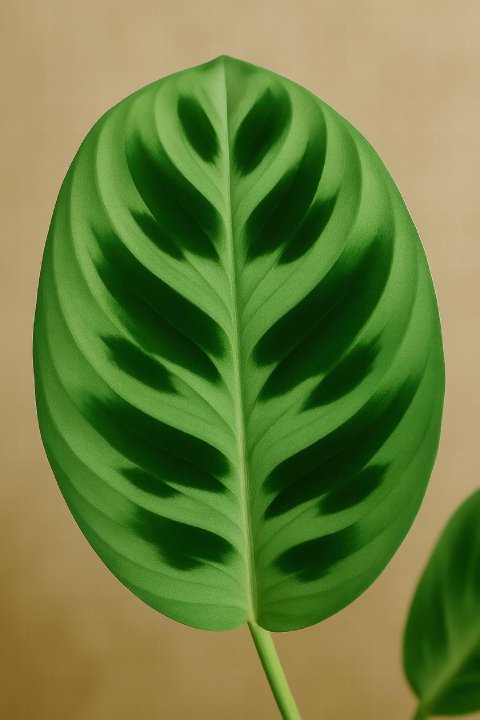 An extreme close-up of a single Maranta leuconeura 'Kerchoveana' leaf, showing the distinct dark green blotches and symmetrical veins.