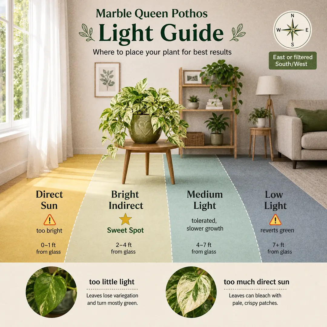 Light guide diagram showing the ideal placement for a Marble Queen Pothos near a bright window with indirect light