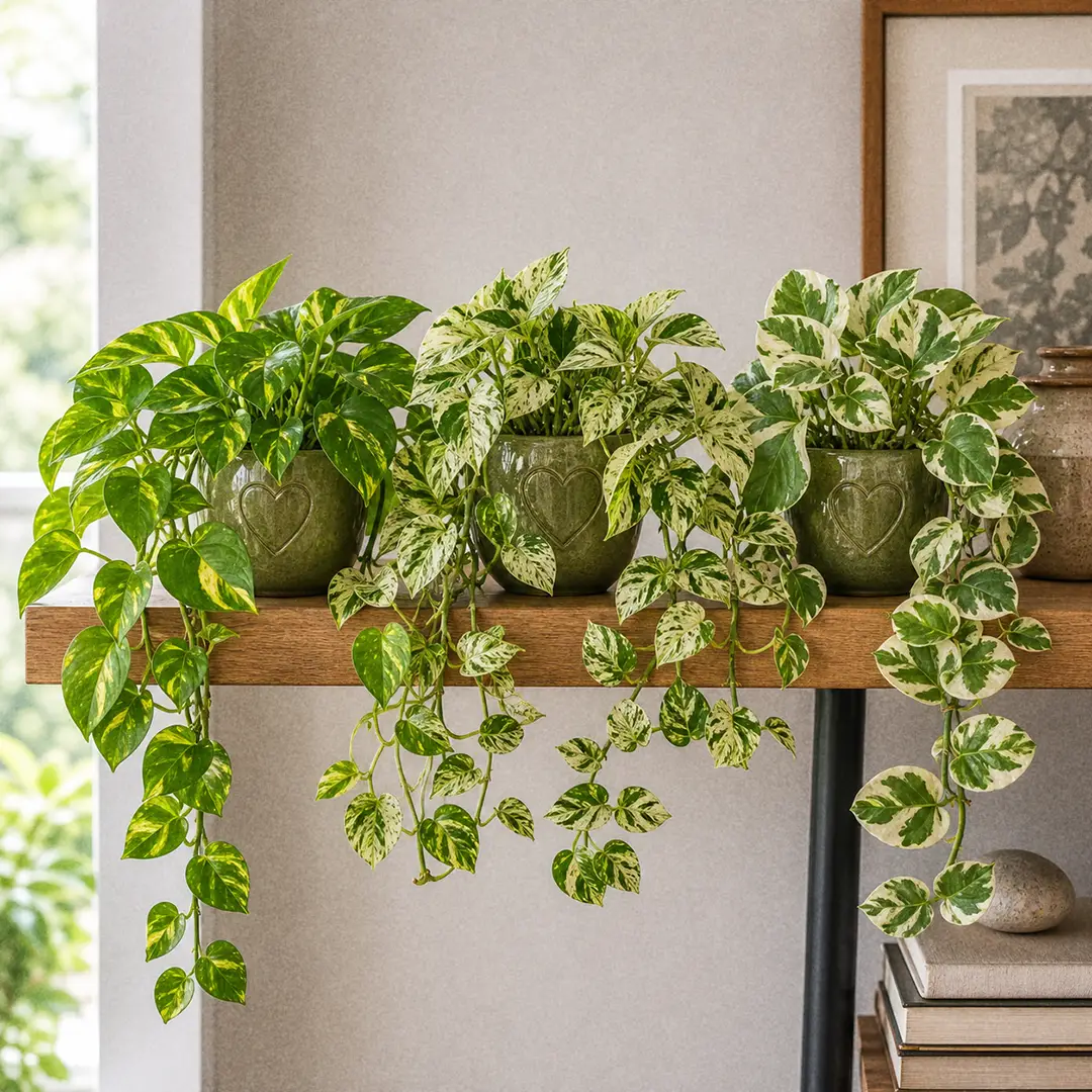 Three trailing Pothos cultivars side by side on a wooden shelf: Golden Pothos, Marble Queen Pothos, and Manjula Pothos, each in matching green ceramic pots with a heart motif
